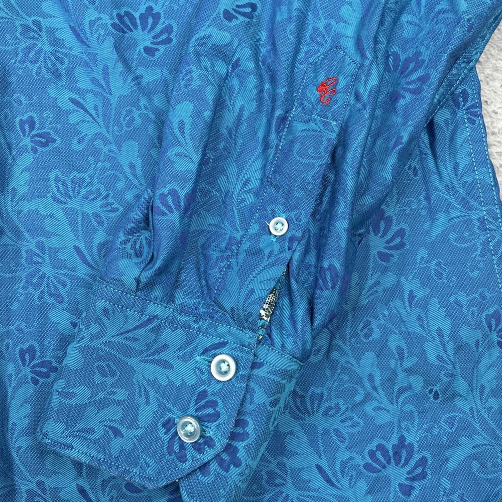 Robert Graham Flip Cuff Shirt Men's XL Blue Floral Jacquard Button Up - Picture 6 of 13